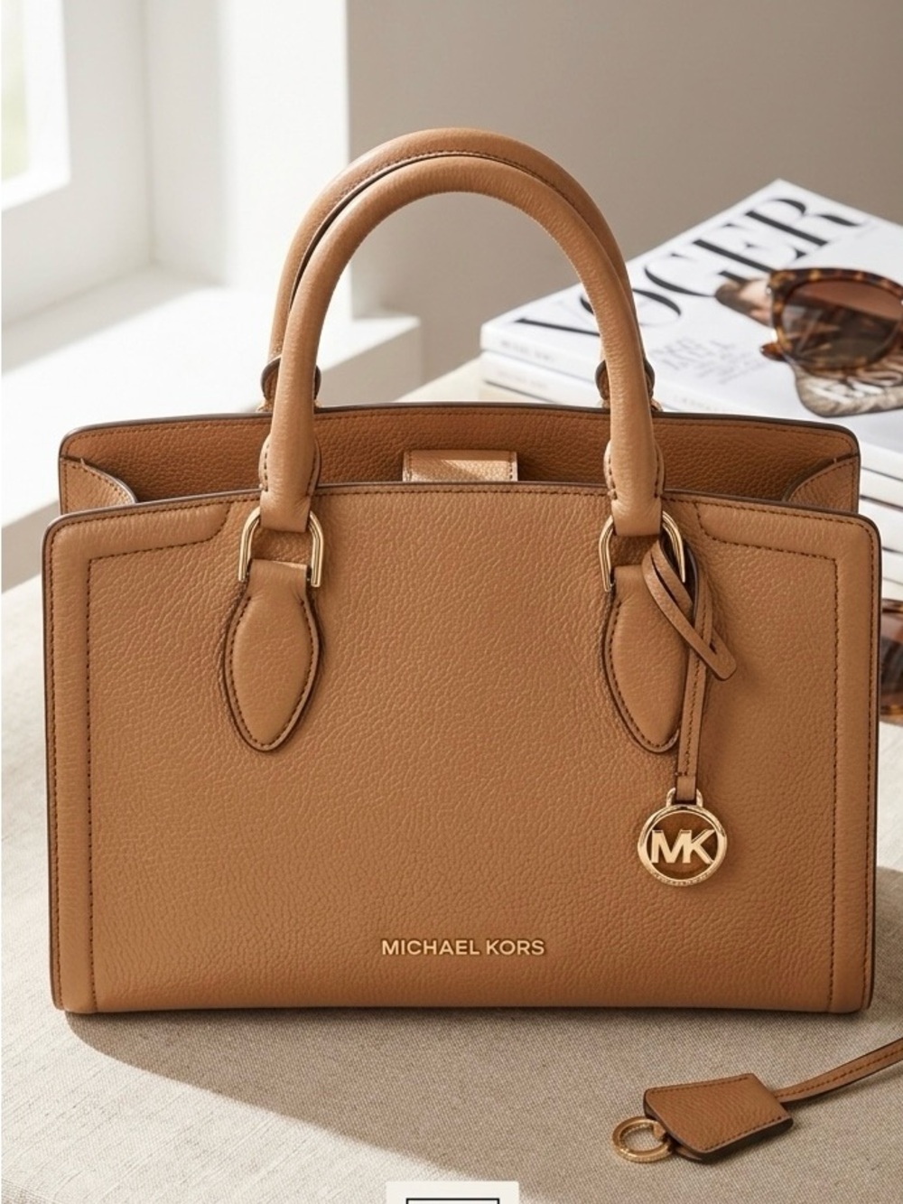 Michael Kors Zoe Pebbled Leather Satchel Brown Cognac 30F9GZC52L Shoulder Strap